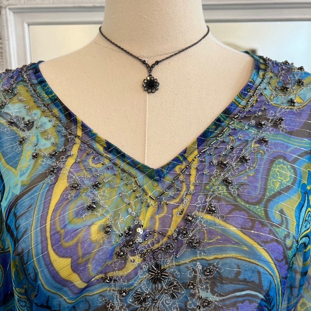 vintage cache silk beaded paisley patterned batwing long sleeve top - Picture 3 of 5